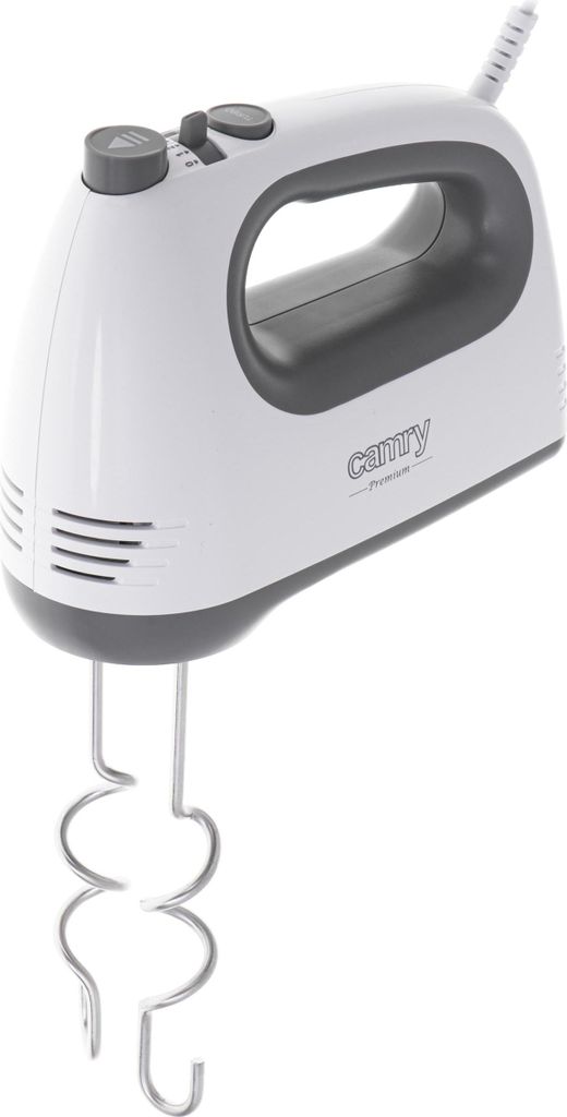 A white Camry CR 4220 hand mixer with gray accents and beaters is shown against a white background.