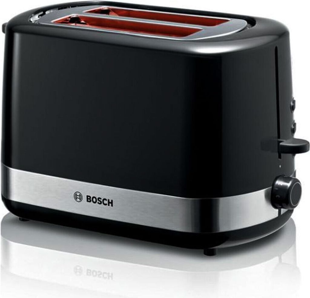A black Bosch toaster with a silver trim.