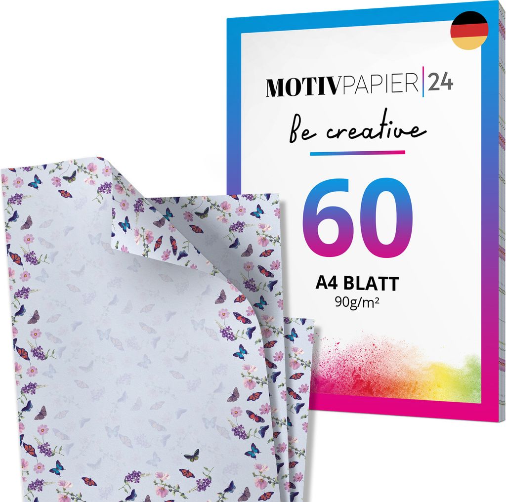 60 Blatt Schmetterling Briefpapier Set beidseitig bedruckt Motivpapier Papier A4 Druckerpapier 90g/m²
