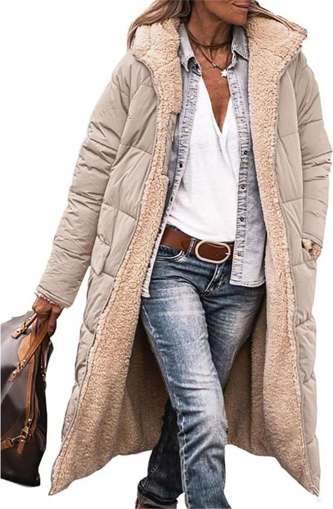 ASKSA Damen Lang Daunenmantel Warm Fleece Reversibel Winterjacke Kapuze Fleecejacke Daunenjacke Mantel, Khaki, S