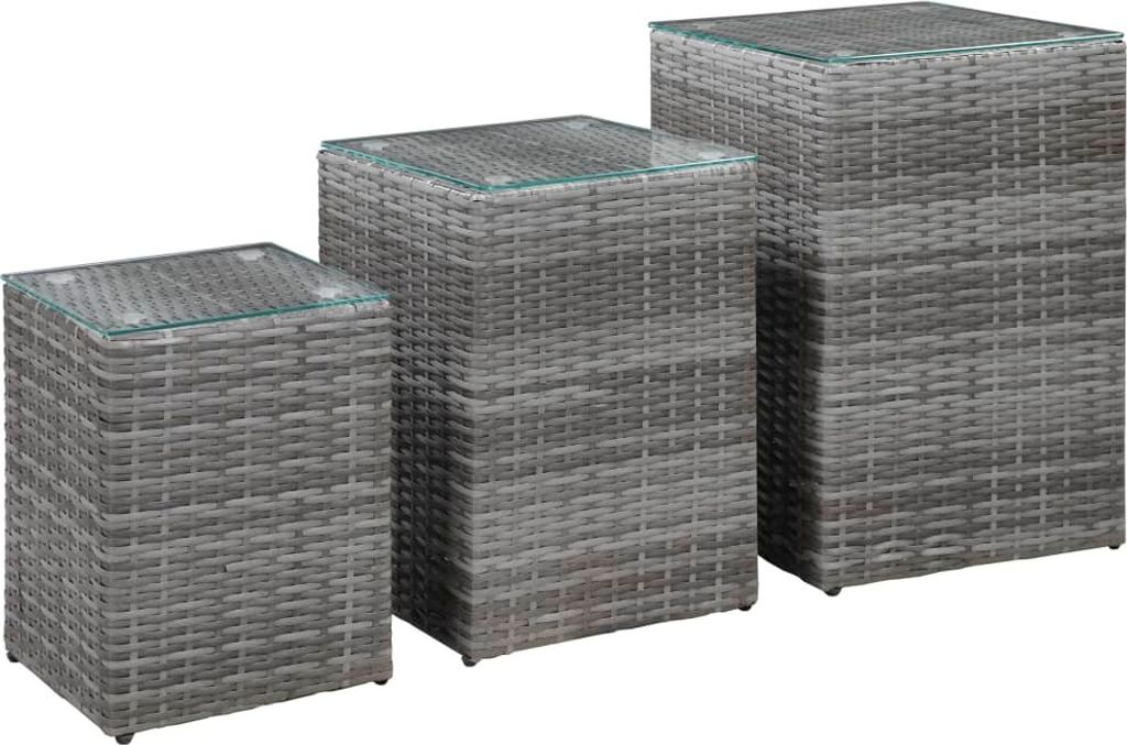 Beistelltische 3 Stk. mit Glasplatte Grau Poly Rattan