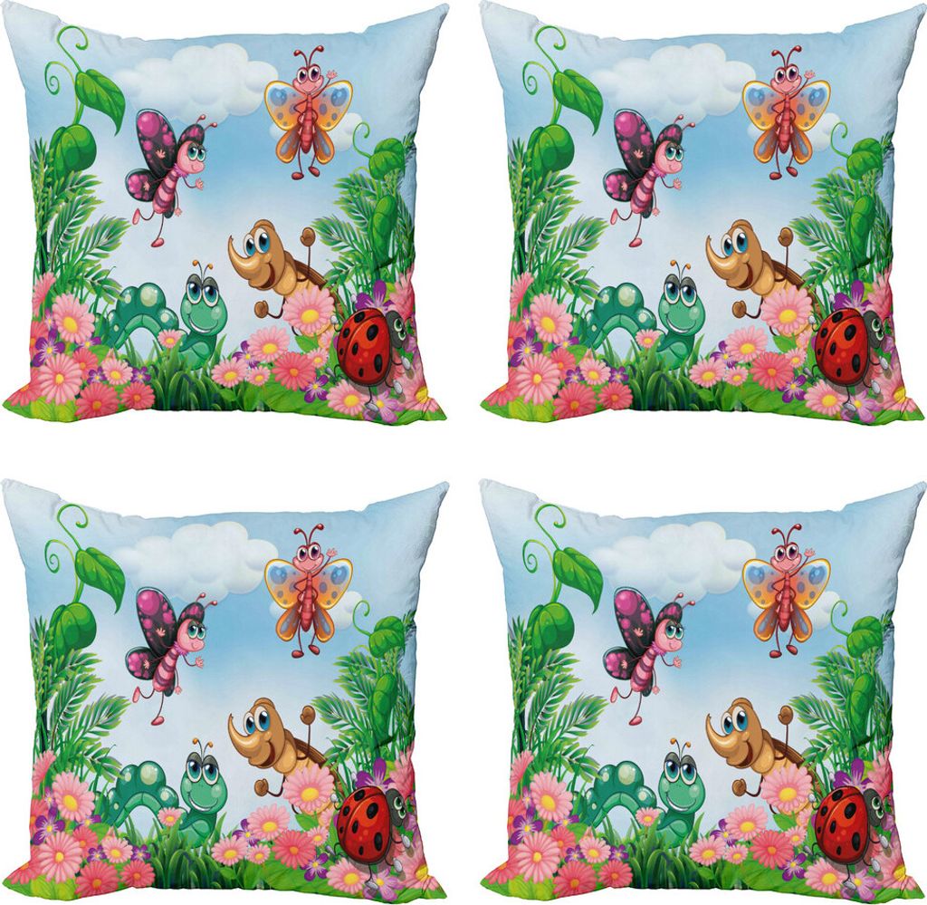 ABAKUHAUS Garten Kissenbezug Set (4 Stück), Schmetterlings-Marienkäfer-Wurm, Moderner Doppelseitiger Digitaldruck, 40 cm x 40 cm, Jade-Grün-Farn...