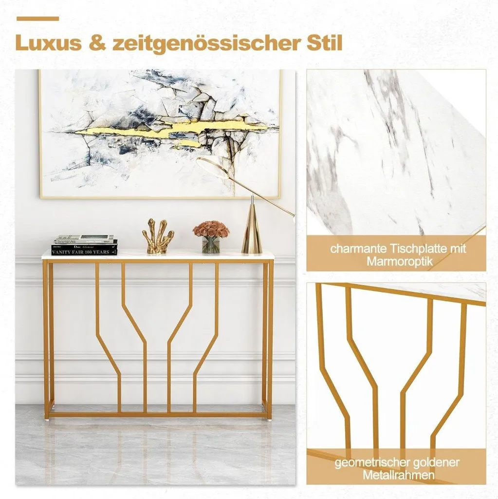 Table console avec structure métallique géométrique 110x30x80cm or blanc - 3
