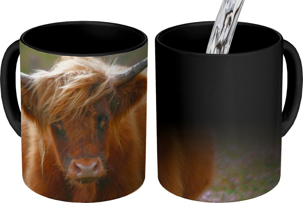 MuchoWow Zauber Tasse Zaubertasse Magic Schottische Hochlandbewohner - Heidelandschaft - Tiere 350 ml Farbwechsel Becher Geschenk Geschenkidee - ...