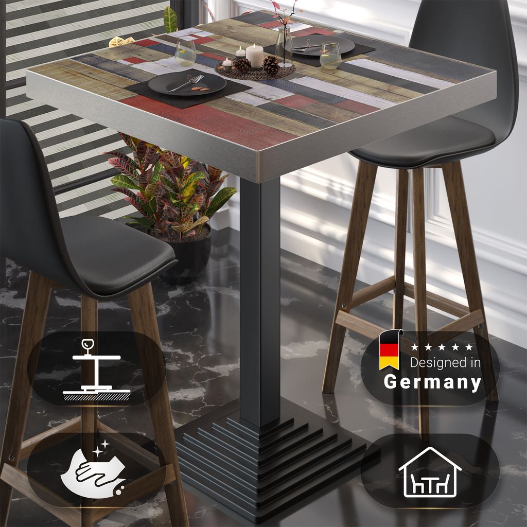 BPY | Bistro Stehtisch | 80 x 80 x 114 cm | Edelstahl Rand | Quadratisch | Vintage Bunt / Schwarz | Gastro Steh Tisch Restaurant