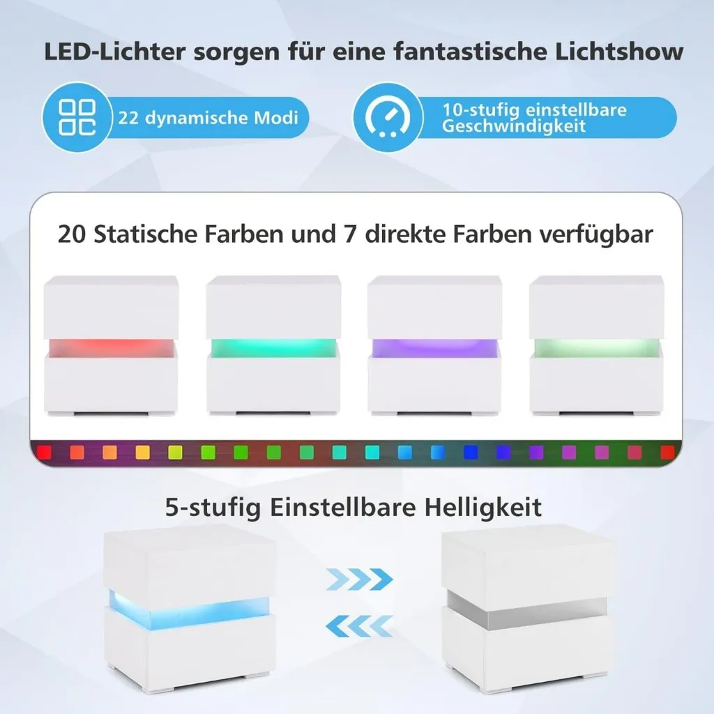 Chevet LED blanc brillant télécommandé avec double tiroir de rangement - 5