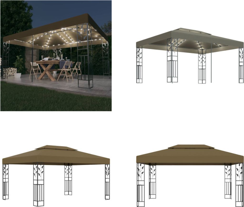 vidaXL Pavillon mit Doppeldach & LED Lichterkette 3x4 m Taupe - Gartenpavillon - Gartenpavillons - Pavillon - Pavillons