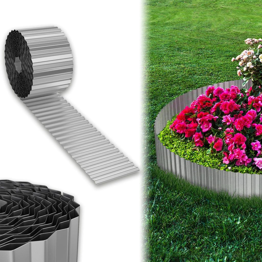 A collage showing a roll of metal garden edging and a flower bed bordered by the same edging.