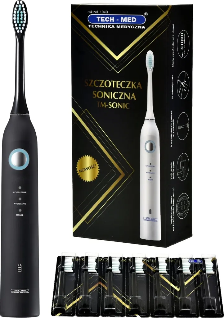 Spazzolino Sonico Tech-Med TM Nero: 33000 Vibrazioni, 3 Mode, 8 Heads
