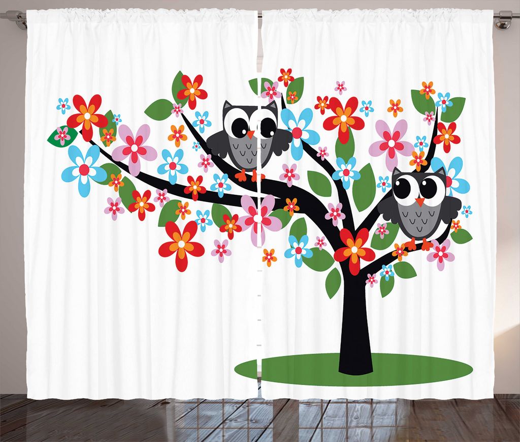 ABAKUHAUS Kindergarten Rustikaler Vorhang, 2 Flirty Eulen auf Baum, Wohnzimmer Universalband Gardinen mit Schlaufen und Haken, 280 x 175 cm, Mehrfa...