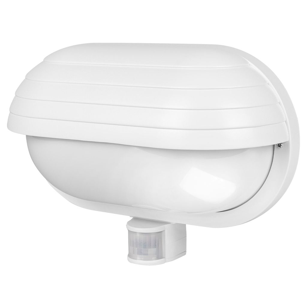 A white outdoor wall light with a motion sensor.
