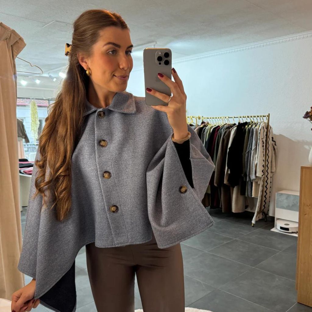 Cape Poncho "Katrin" Blau, Onesize (XS-XL) für Damen Poncho, Übergroßer Cape für den Herbst und Winter Frauen Cape Wintercape mit Knöpfen Cape...