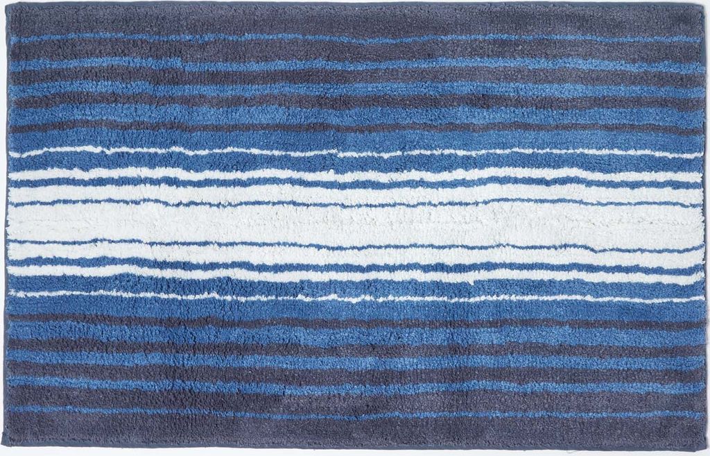 HOMESCAPES Rutschfeste Badematte mit Streifenmuster 100% Baumwolle, blau und weiß