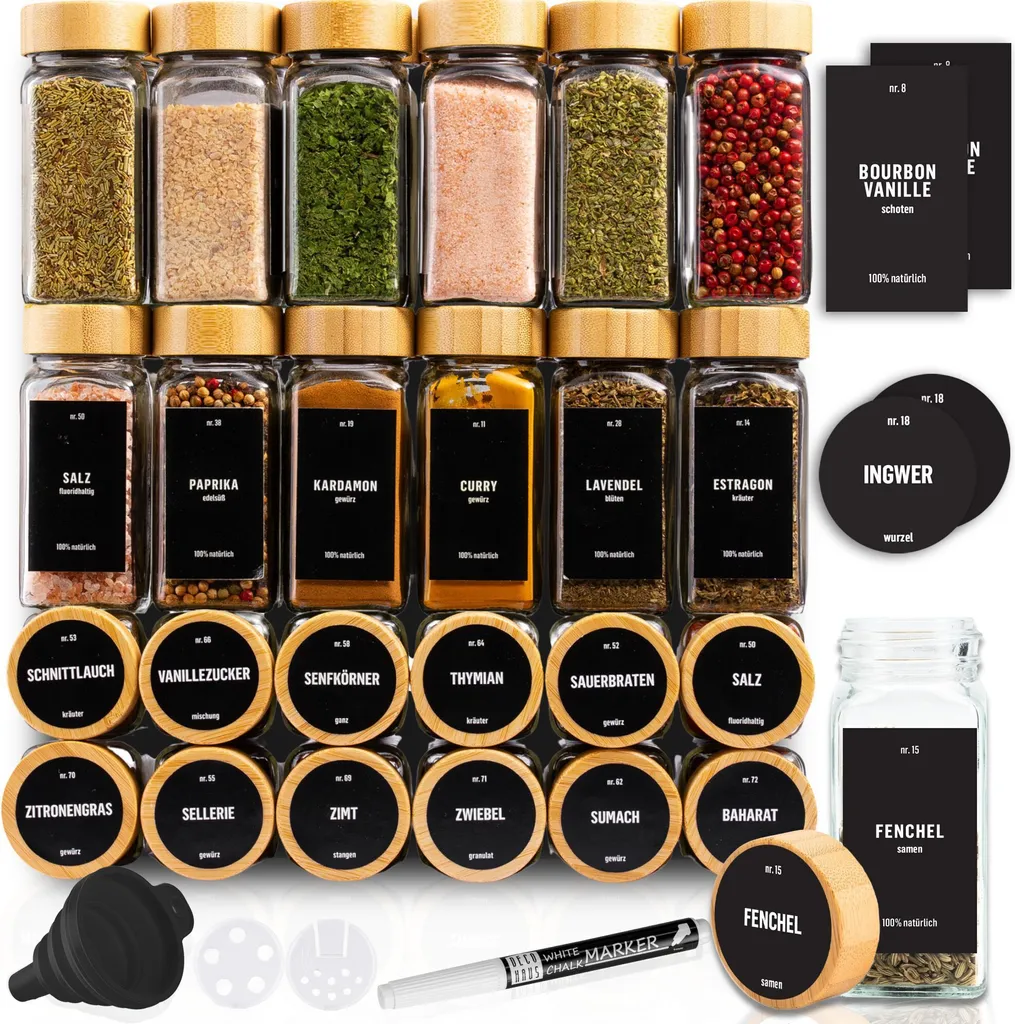 Set 24 pezzi - Barattoli per spezie Deco Haus con tappo a vite in bambù - set con etichette, imbuto, pennello per la pulizia, pennarello, 120 ml, 10,5 x 4,3 cm