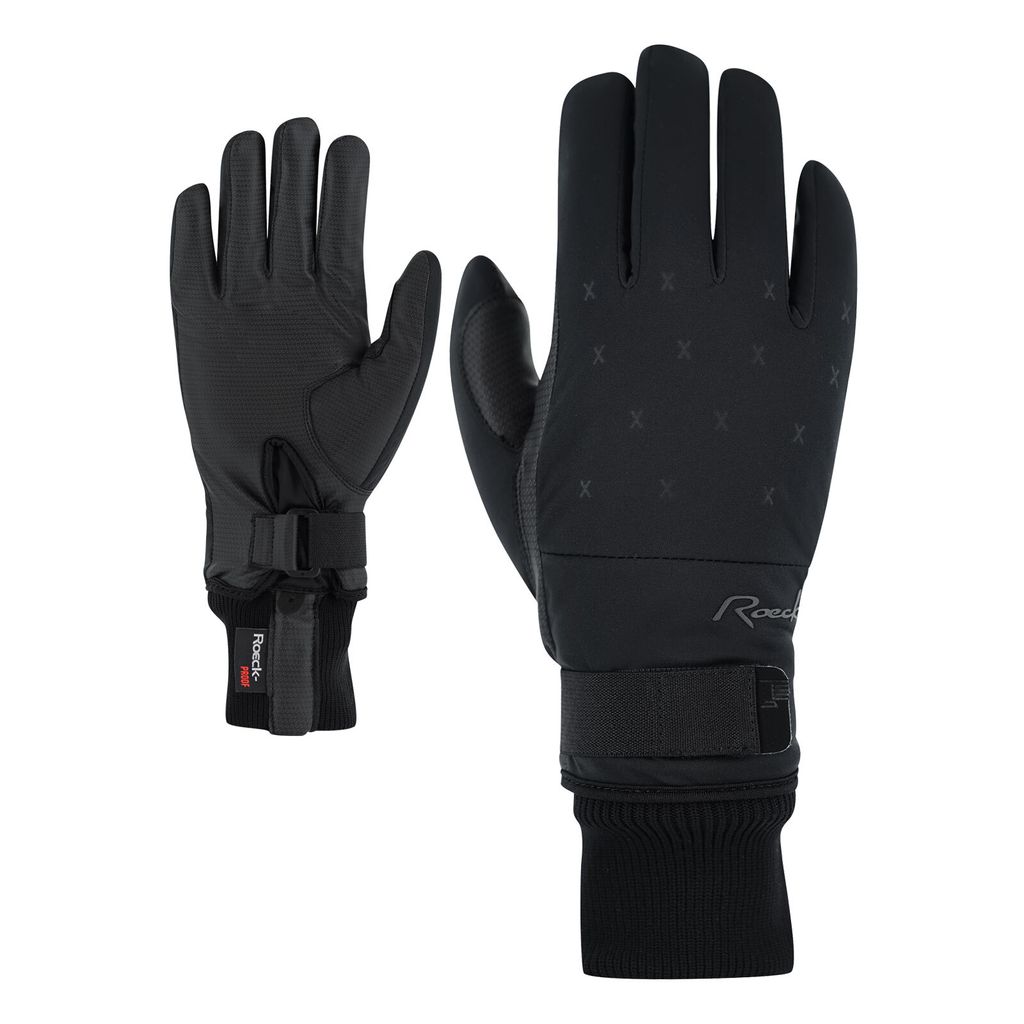 A pair of black gloves shown against a white background.