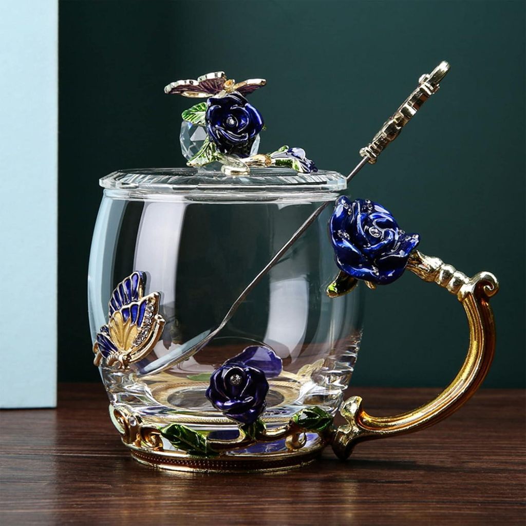 Blumen Gläsernes Teetässchen - Emaille Gläserne Tassen mit Zartem Löffel, Rosen Trinkbecher mit Griffen Kaffeetassen, Geburtstag - Valentinstag...