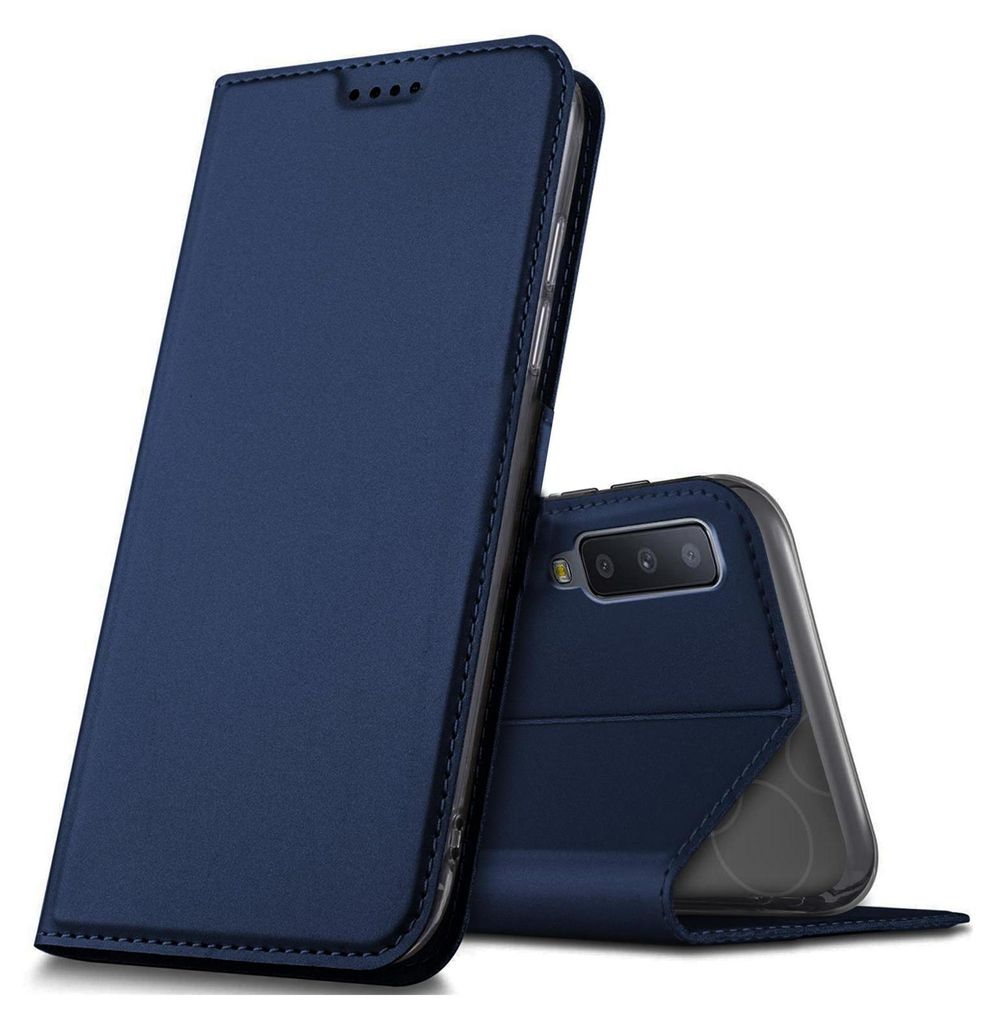 A blue flip cover case for a Samsung Galaxy A7 2018 phone is shown against a white background.
