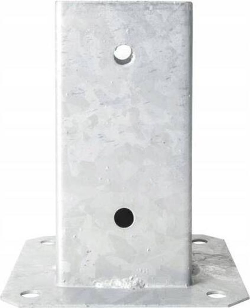 A galvanized metal post anchor or bracket with a square base and a vertical rectangular section with two holes.