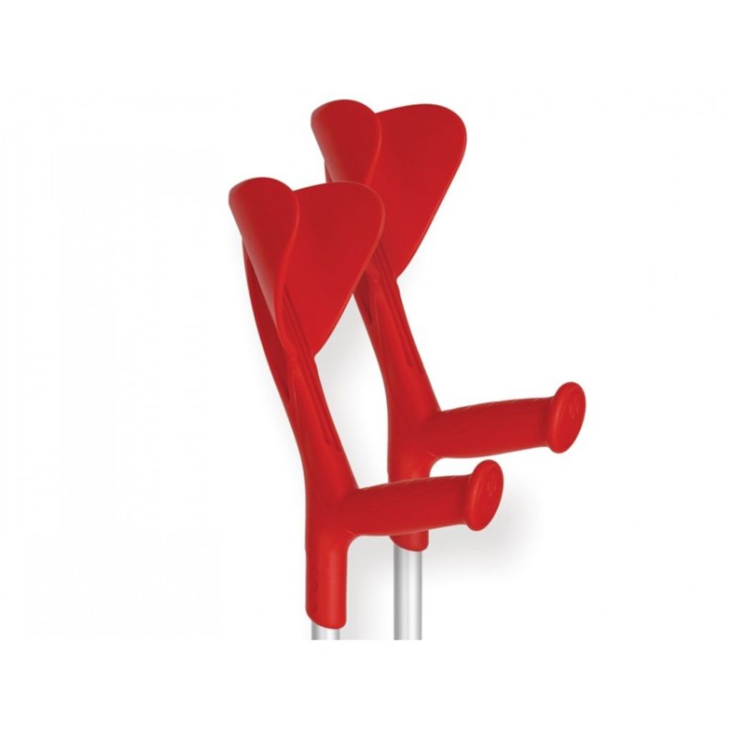 A pair of red crutches on a white background.