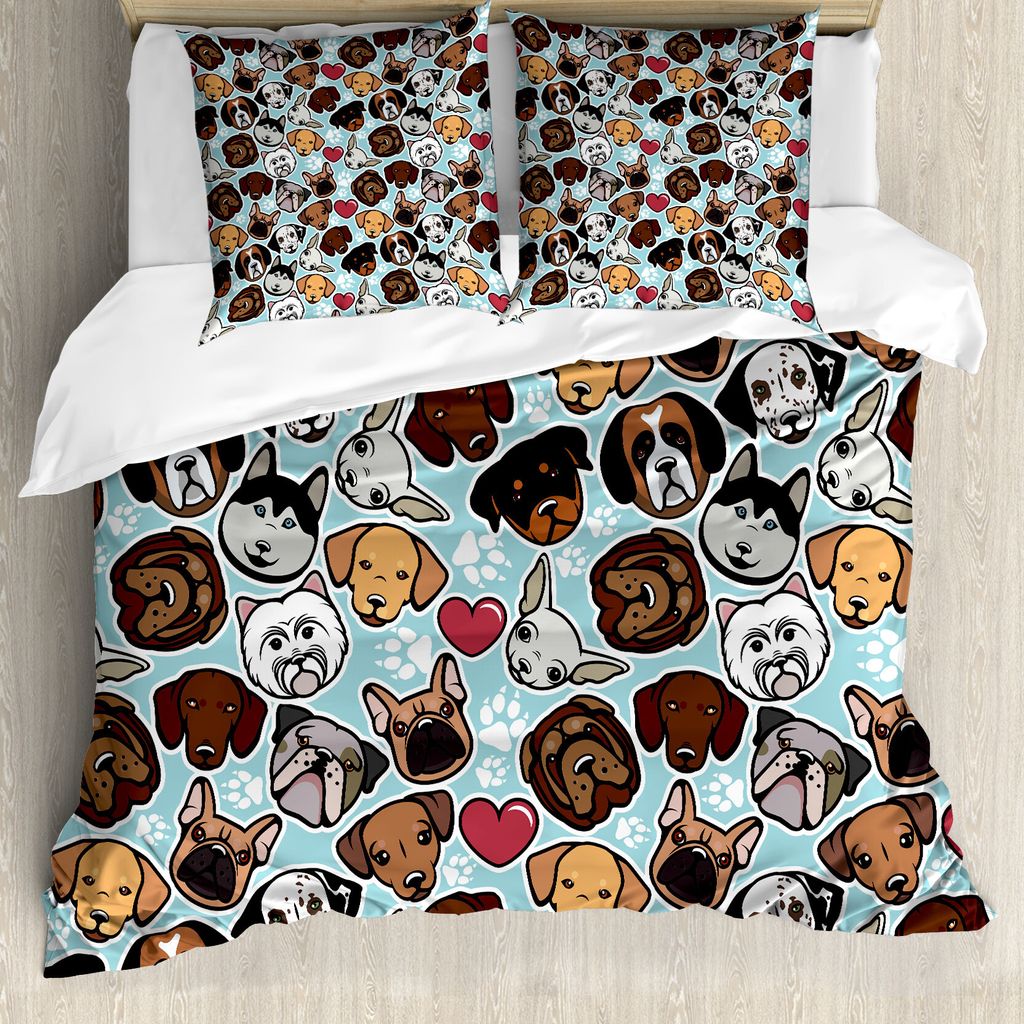 ABAKUHAUS Hundeliebhaber Bettbezug, Canine Rassen Liebe, Milbensicher Allergiker geeignet mit Kissenbezügen, 155 cm x 220 cm - 80 x 80 cm, Mehrfarbig