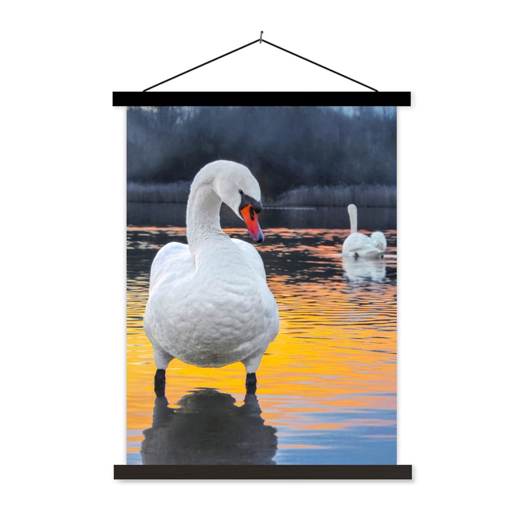 MuchoWow Textilposter Schwan - Vogel - Sonnenuntergang - Wasser 40x53 cm mit schwarzem Rahmen - Abbildung