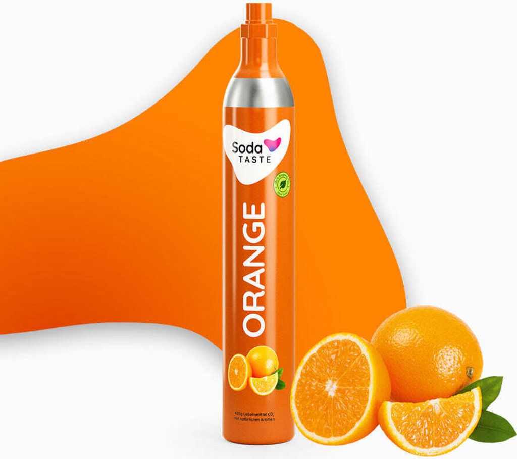 A product shot of an orange flavored soda syrup bottle with oranges next to it, set against an abstract orange and white background.