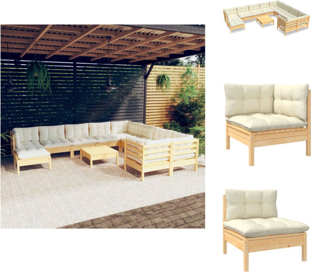 vidaXL 11-tlg. Garten-Lounge-Set mit Creme Kissen Kiefernholz - Gartenmöbel-Sets