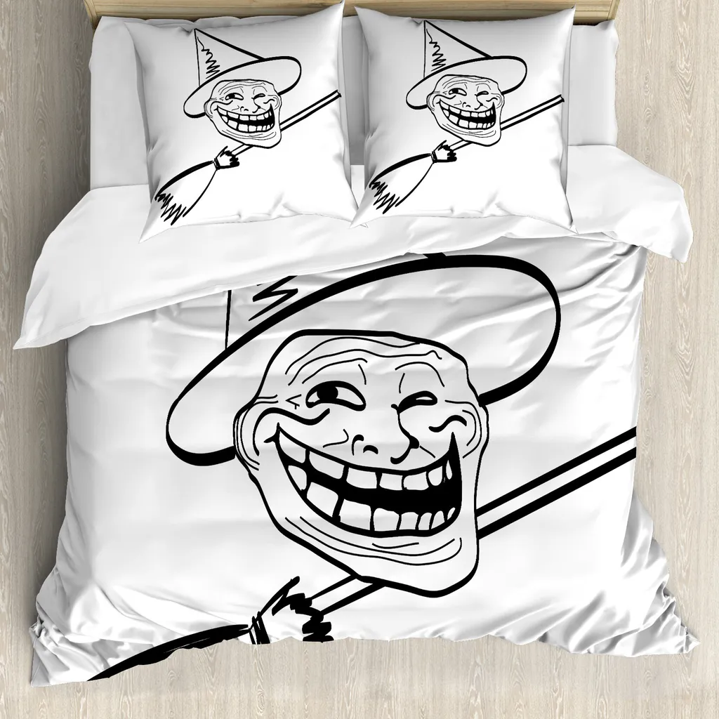 ABAKUHAUS Copripiumino umoristico, fantasma spettrale di Halloween, antiacaro, adatto a chi soffre di allergie, con federe, 200 cm x 200 cm - 80 x 80 cm, bianco e nero