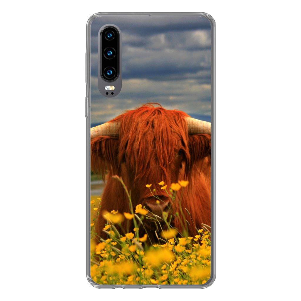 MuchoWow Handyhülle Schutzhülle Hülle für Huawei P30 Schottischer Highlander - Tiere - Blumen Silikon Softcase Handy Hülle - Kartenbesitzer