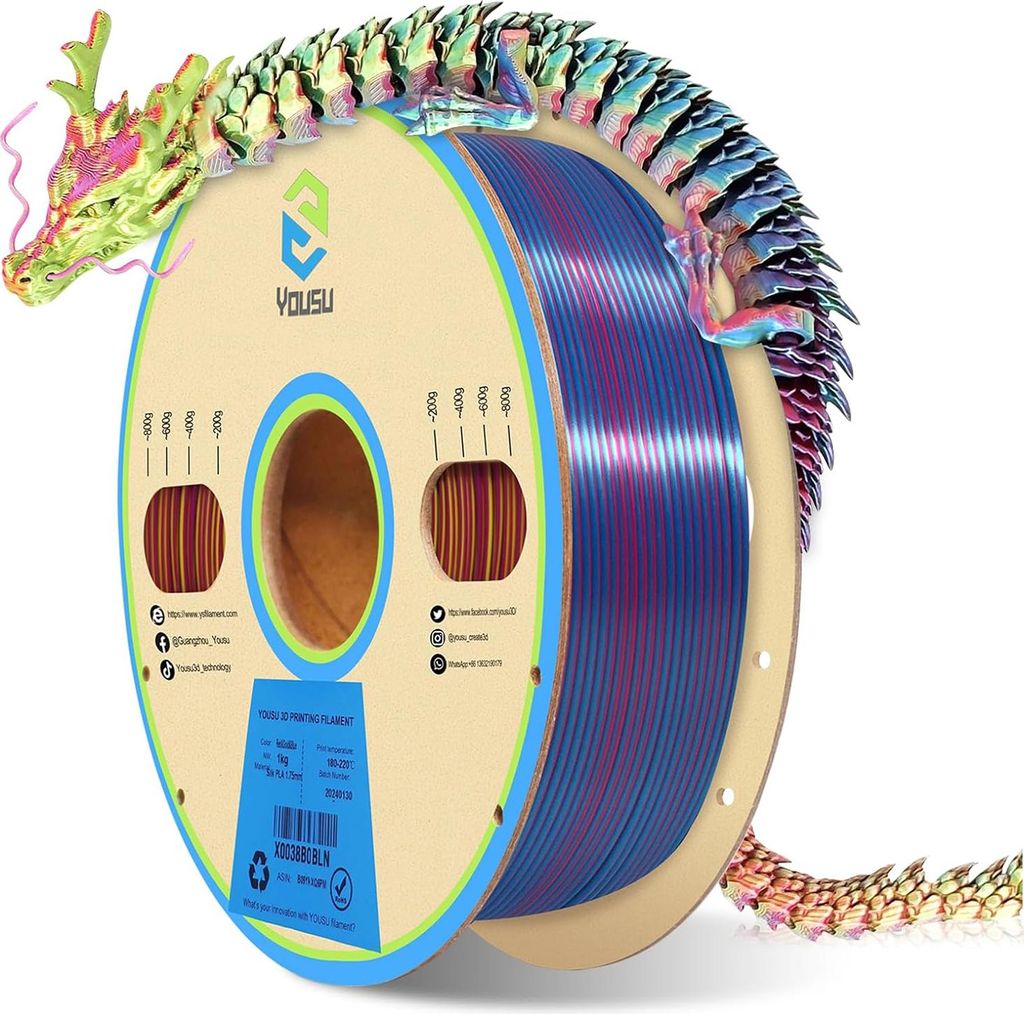 YOUSU Silk PLA Filament für 3D-Drucker, 1,75 mm Durchmesser, Dreifarben-Coextrusionsfilament, Genauigkeit +/- 0,03 mm, 3D-Druckmaterialspule, gute...