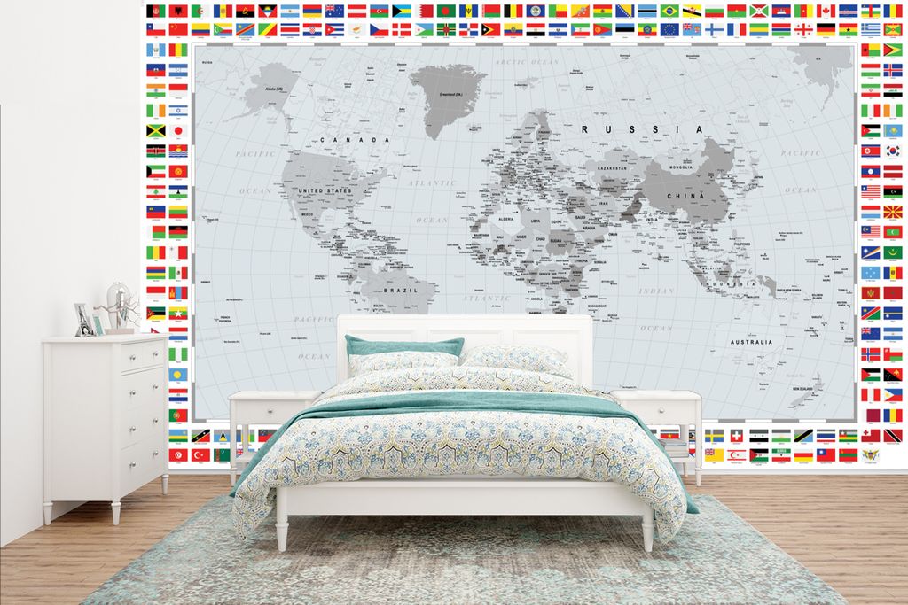 MuchoWow Fototapete für Wohnzimmer oder Schlafzimmer Wandtapete Vinyl Motivtapete Weltkarte - Flagge - Schwarz - Weiß - 435x260 cm - Kinderzimmer