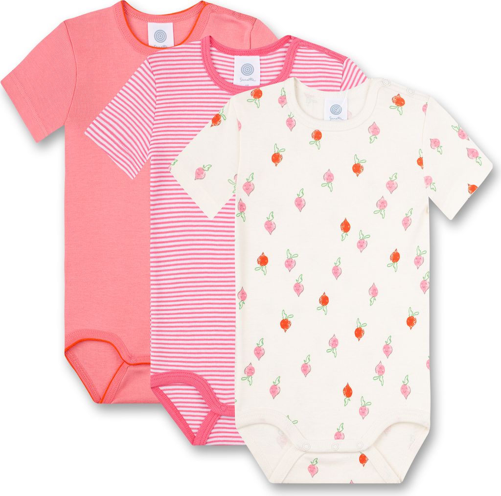Sanetta 3er Pack Baby Body kurzarm Rosa Uni Ringel und Radieschen Print