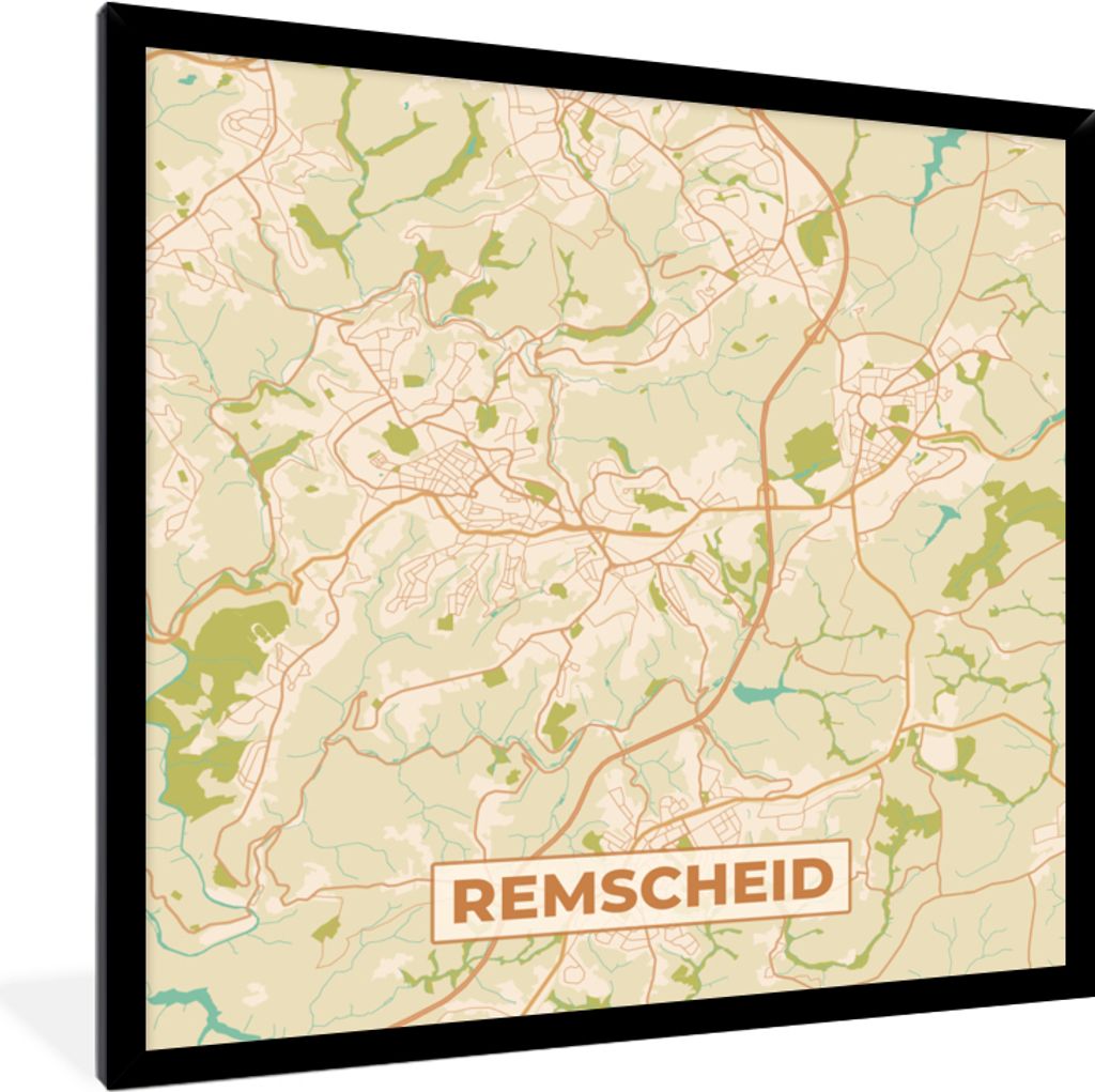 MuchoWow Gerahmtes Poster Remscheid - Karte - Stadtplan - Vintage 40x40 cm - Poster mit Schwarzem Bilderrahmen Wandposter Rahmen Foto Bilder - Mi...
