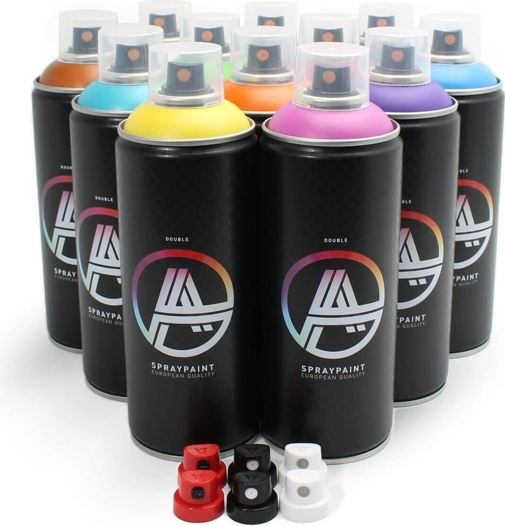 Double A Spraypaint Sprühdosen Grundfarben Set 12 Spraydosen 400ml matt inkl. Sprühaufsätze