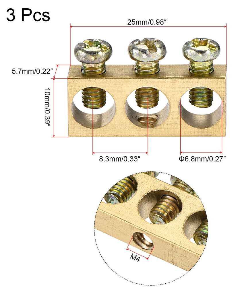 3 Stk. Klemmen Erdungsschiene Schraubblock Barriere Messing 3 Positionen 25mmx5.7mmx10mm fš¹r elektrische Verteilung
