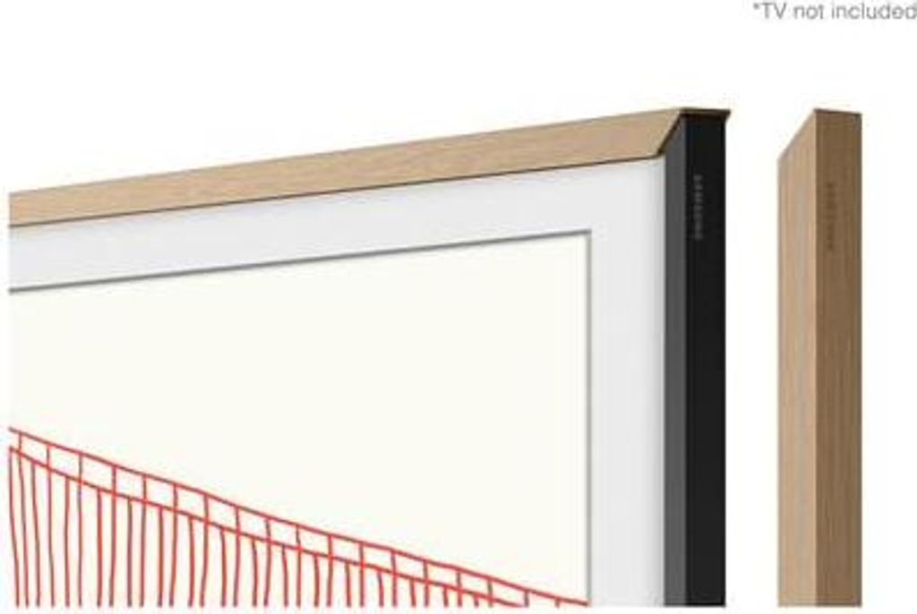 A close-up view of a TV bezel accessory with a wooden finish, shown next to a separate wooden piece.