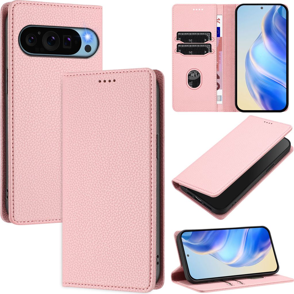Litchi Leder Handyhülle für Google Pixel 9 / Pixel 9 Pro Wallet Kartenfächer Standfunktion Hülle Pink