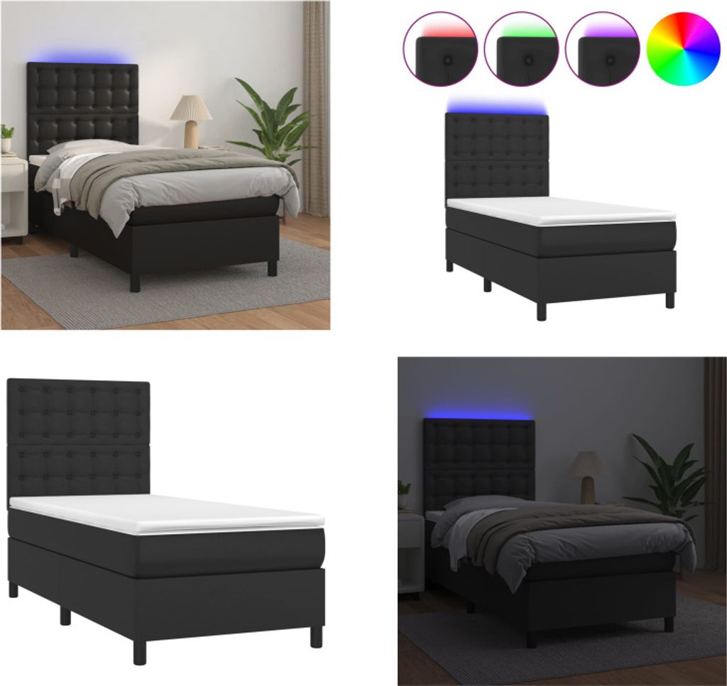 vidaXL Boxspringbett mit Matratze & LED Schwarz 90x200 cm Kunstleder - Boxspringbett - Boxspringbetten - Bett - Betten