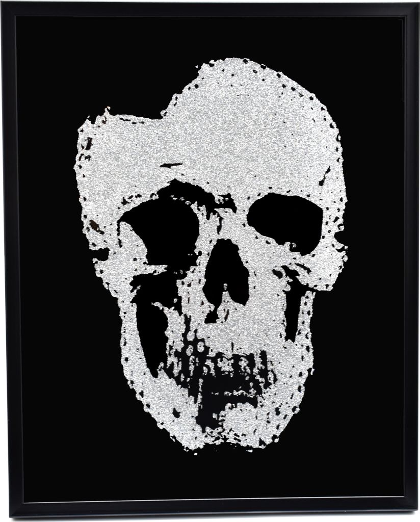 Wandbild Bild Totenkopf Skull Glasbild Wohnzimmer Deko Schwarz mit Glitzer