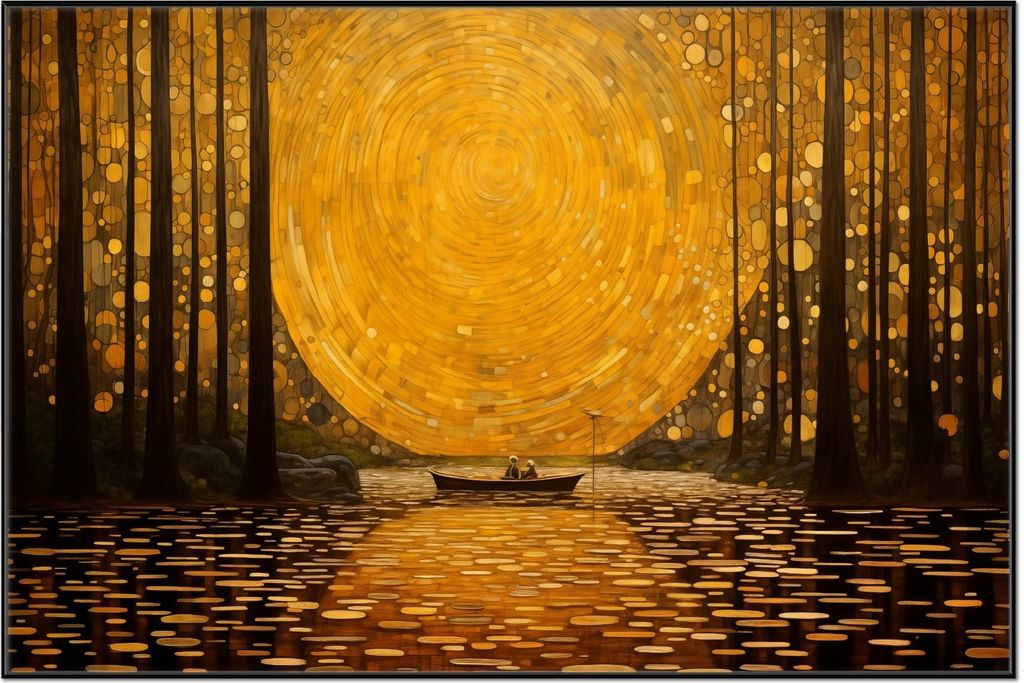 Wallario Wandbild Goldene Flussfahrt, Größe: 61 x 91,50 cm, Poster mit schwarzem Aluminiumrahmen