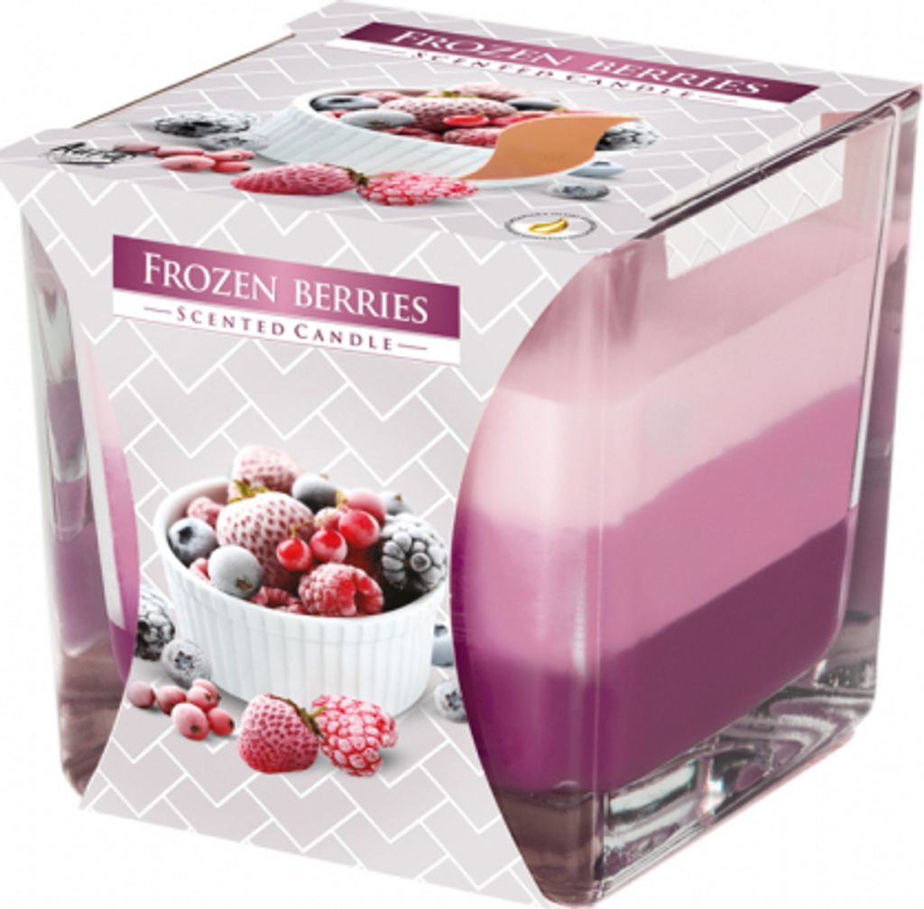 A scented candle in a glass jar with a label showing frozen berries and the product name.