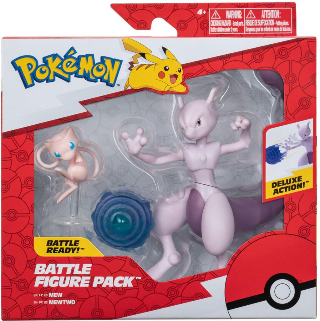 A retail package for a Pokemon Battle Figure Pack featuring Mew and Mewtwo.