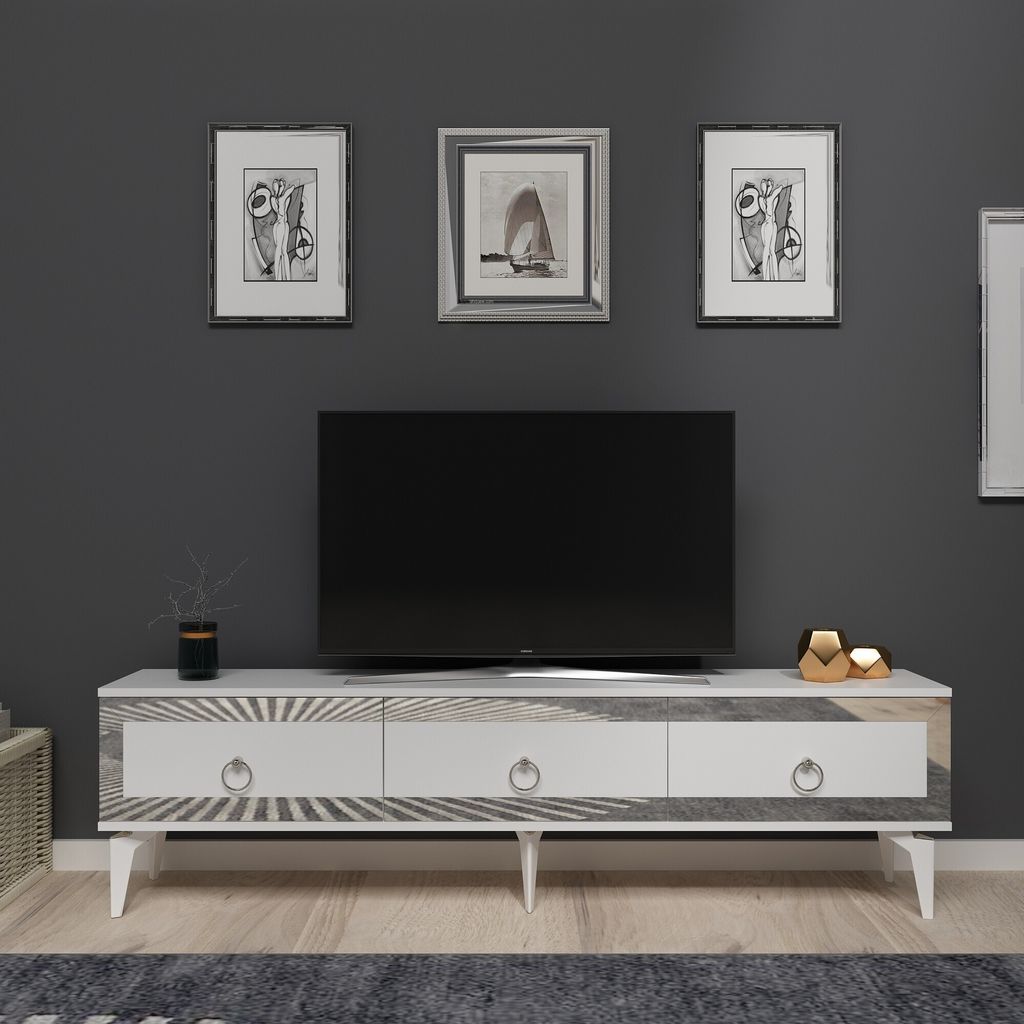 Skye Decor, Ponny - White, Silver, Fernsehtisch, Weiß, 100 % MELAMINBESCHICHTETE SPANPLATTEN, 180 x 29,6 x 44,6 cm