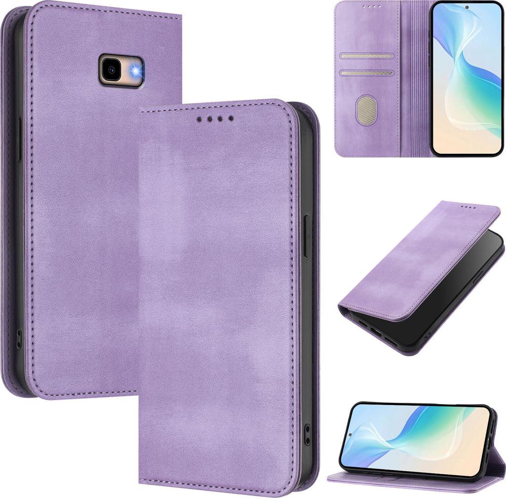 Handyhülle für Samsung Galaxy J4+/J4 Plus, Vintage Leder RFID Schutz Kartenfach Standfunktion Magnetische Klapphülle Violett
