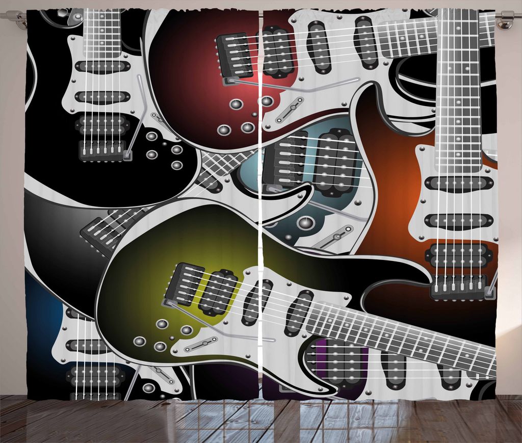 ABAKUHAUS Popstar-Party Rustikaler Gardine, Bunte Gitarren, Schlafzimmer Kräuselband Vorhang mit Schlaufen und Haken, 280 x 225 cm, Mehrfarbig