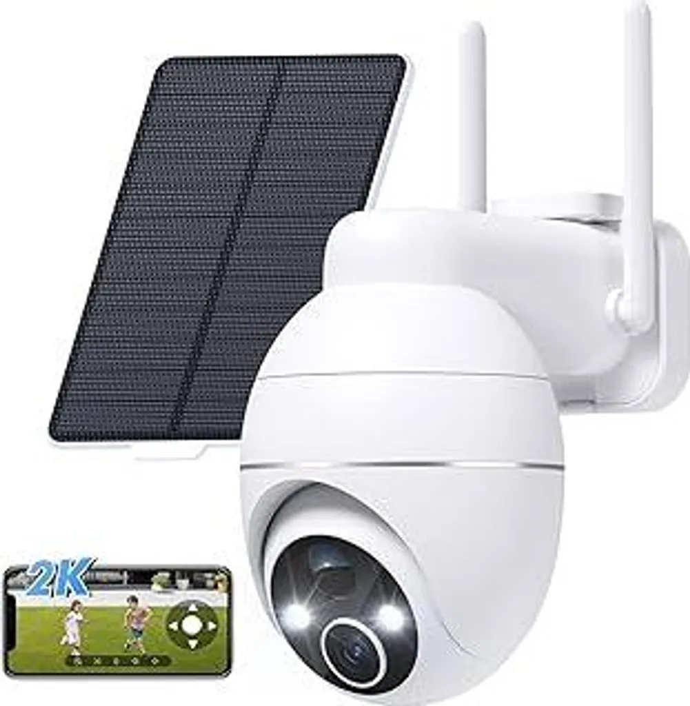 Telecamera di sorveglianza 2K con batteria ricaricabile, telecamera WiFi wireless per esterni, telecamera di sorveglianza PTZ a 360° con pannello solare, 2,4 GHz e Bluetooth, visione notturna a colori, allarme PIR, rilevamento del movimento - 1
