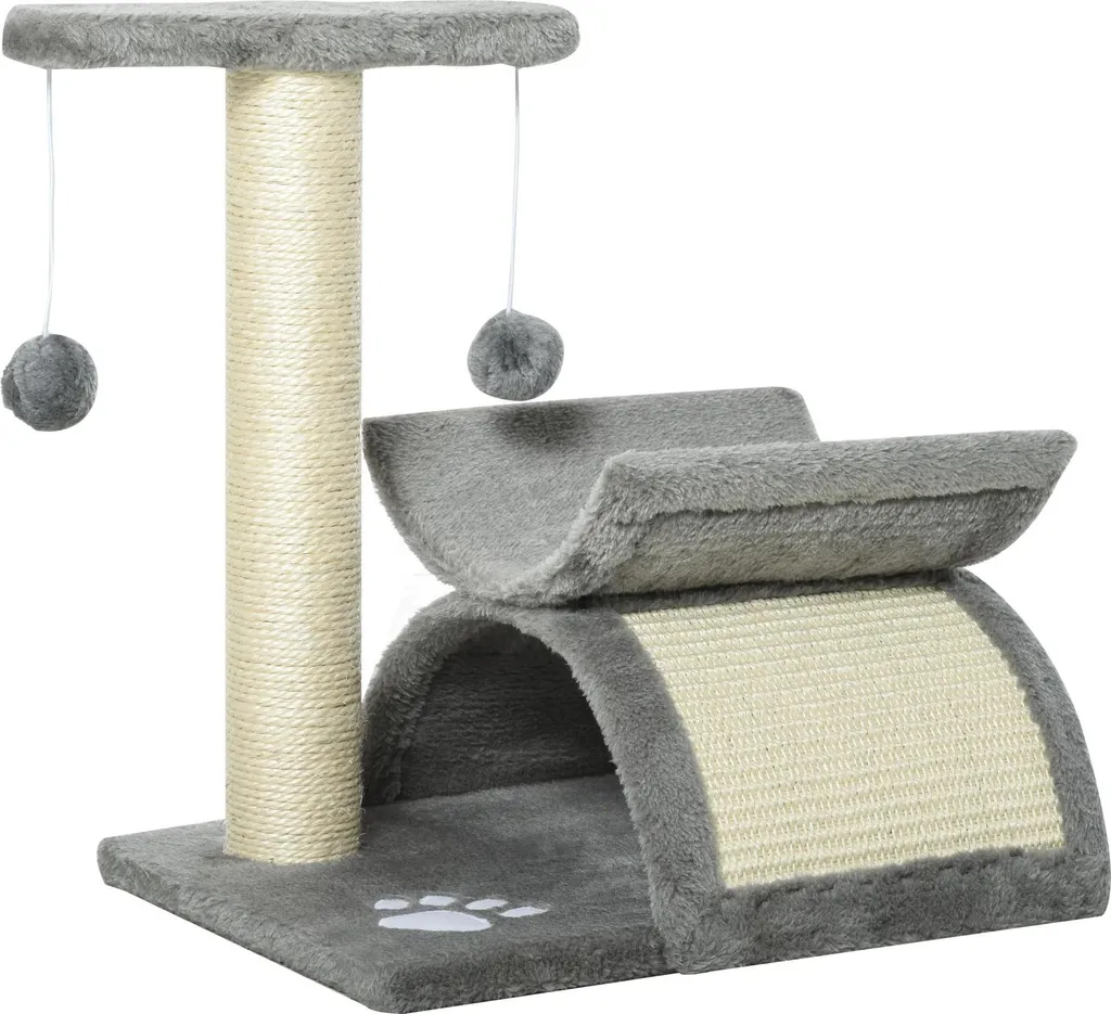 Petit arbre à chat 3 niveaux en bois naturel avec jeux de balles interactifs