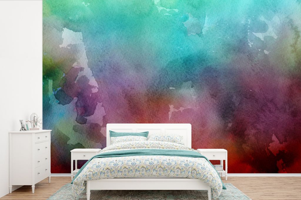 MuchoWow Fototapete für Wohnzimmer oder Schlafzimmer Wandtapete Vinyl Motivtapete Aquarell - Grün - Rot - 450x300 cm - Gemusterte