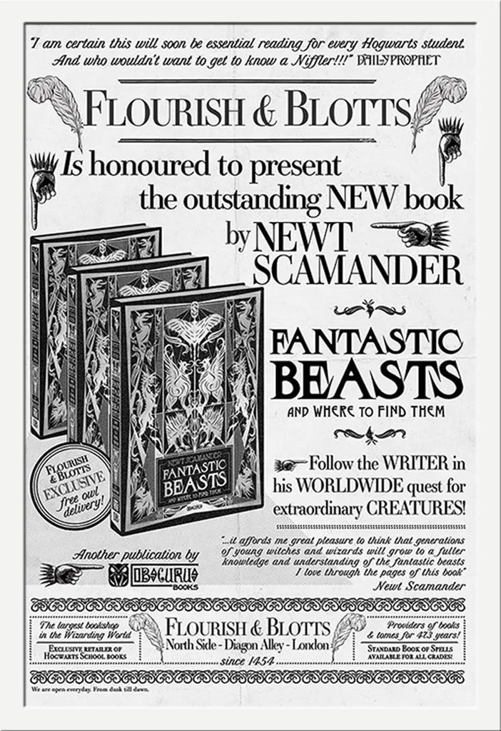 Fantastic Beasts - Poster - 2 - Flourish And Blotts + cornice rimovibile, Shinsuke® Maxi MDF bianco, vetro acrilico