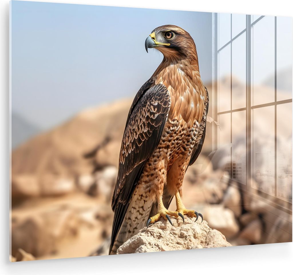 MuchoWow Glasbilder - Bilder auf Wandbild - Foto auf Glas Falke - Vogel - Fels - Macht 40x30 cm Wanddekoration aus Glas - Acrylglasbild - Acrylbild...